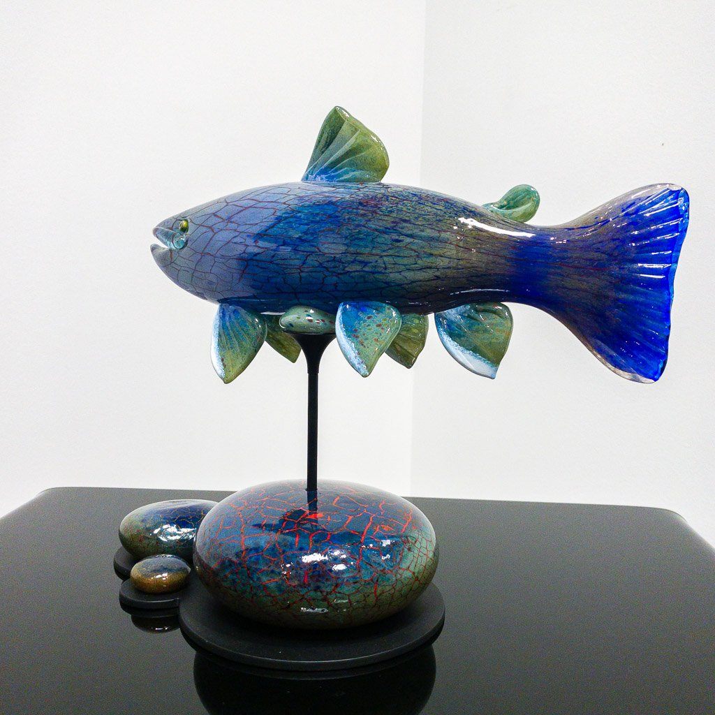 Trout with Stone Base Sculpture | 12.5" x 15" x 7" Blown Glass with Forged Metal Darren Petersen