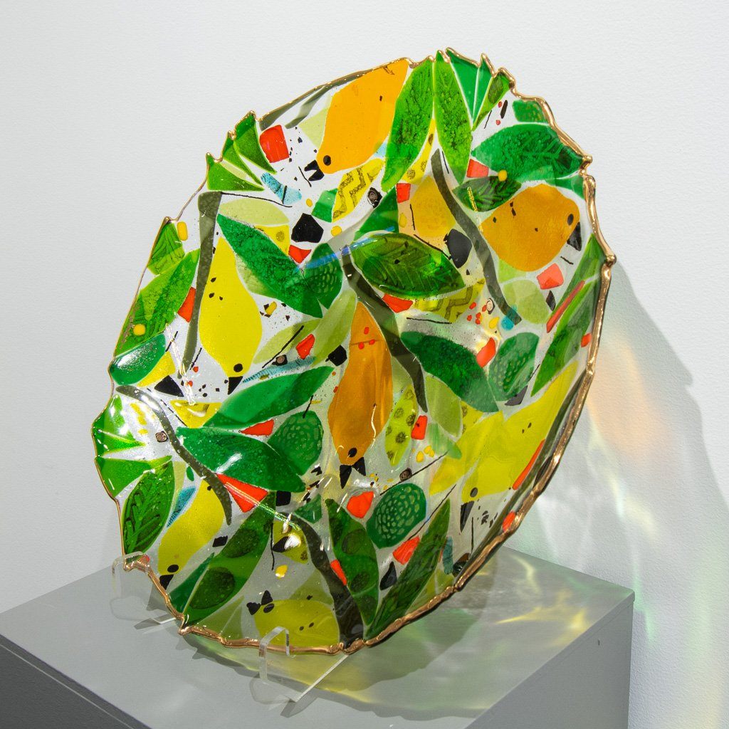 Tammy Hudgeon Yellow Bird Fiesta Bowl with 14k Gold | 4&quot; x 20&quot; Hand Fused Glass