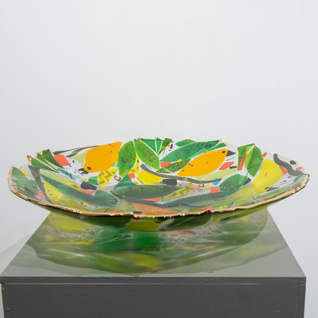 Tammy Hudgeon Yellow Bird Fiesta Bowl with 14k Gold | 4" x 20" Hand Fused Glass